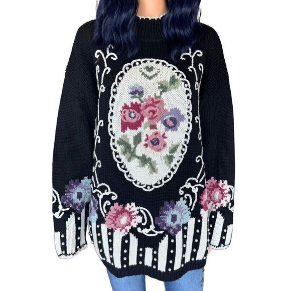 Vintage SGCS by Sacha Floral Sweater L Pearl Applique Grannycore Retro Black - Picture 2 of 6